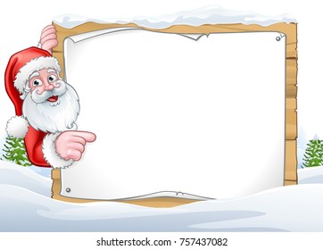 A Christmas snowy landscape scene background with Santa Claus peeking around a sign and pointing