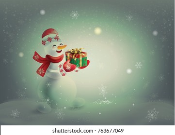 Christmas snowy landscape with snowman and gift box, beautiful presents, snowflakes falling, bokeh lights, snowfall, snow background blank page for Merry Christmas and New Year vintage greeting card