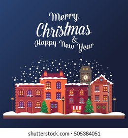 Christmas snowy night with buildings at street. Winter holiday theme, festive or new year and merry christmas postcard. Greeting card. Night cityscape background with falling snow.