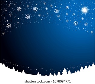 Christmas snowy nights background. Dark blue starry sky with Christmas star and snowflakes over snowy Christmas trees. Vector