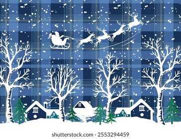 Christmas Snowy Scene with Blue Plaid Background. White Tree, and Santa Claus with Sleigh-Christmas Vector Illustration 