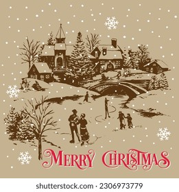 Christmas Snowy Scene Isolated with Merry Christmas Wordings- Christmas Vector Illustration