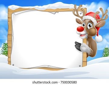 A Christmas snowy scene landscape background with Reindeer in Santa Claus Hat peeking around a sign and pointing
