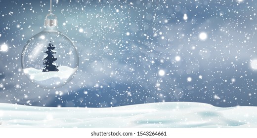 Christmas, Snowy Woodland landscape. Holiday winter landscape for Merry Christmas with Snowstorm, blizzard, firs, snowglobe, coniferous forest, snow, snowflakes. Christmas scene. Happy new year