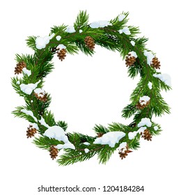 Christmas snowy wreath frame of pine, fir and spruce tree green branches with snow and cones. Vector Xmas and New Year winter holidays decoration design