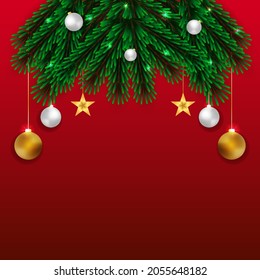 Christmas socal media post deep green leaf and ball with red background