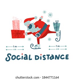 christmas social distancing infographic, cute santa claus keep 6 feet social distancing.