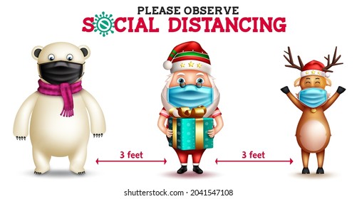 Diseño vectorial de distanciamiento social de Navidad. Texto de distanciamiento social con 3d santa claus, renos y osos polares a distancia para campaña de seguridad en temporada de vacaciones. Ilustración vectorial.
