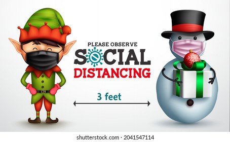 Christmas social distancing vector design. Social distancing text with elf and snowman 3d characters in distance wearing face mask for xmas season safety and protection. Vector illustration.
