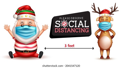 Christmas social distancing vector design. Social distancing text with santa claus and reindeer 3d characters wearing face mask for holiday season safety campaign. Vector illustration.
