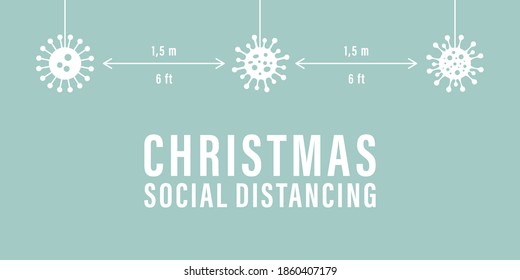 christmas social distancing vector illustration. merry and safe christmas winter season greeting card. coronavirus covid 19 protection xmas concept background