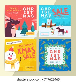 Christmas social media sale banners for mobile website ad. Xmas discount background for online shop web page or cell phone. Promotional poster or flyer layout. Vector holiday promotion newsletter.