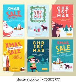 Christmas social media sale banners for mobile website ad. Xmas discount background for online shop web page or cell phone. Promotional poster or flyer layout. Vector holiday promotion newsletter.