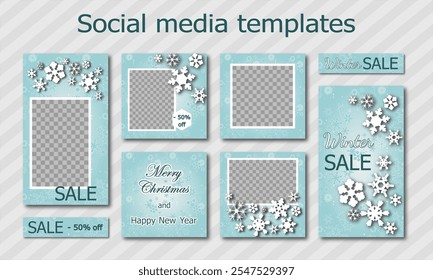 Christmas social media templates design, set of backgrounds for banner, flyer, card on the gradient backdrop with snowflakes. elegant vector illustration for poster, frame en white and light blue.