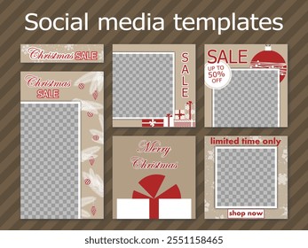 christmas social media templates design, set of backgrounds for sale banner, flyer, card in minimalistic style with snowflakes, balls, firs. modern vector pattern for poster, frame en beige and red