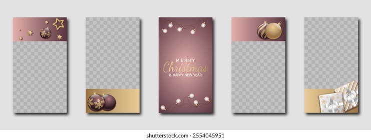 christmas social media templates design, set of backgrounds for sale banner, flyer, greeting card with christmas decorations. modern vector pattern for poster, frame en elegant gold and purple tones