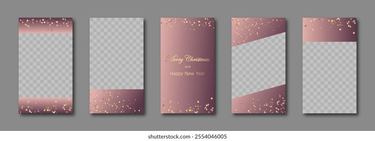 christmas social media templates design, set of backgrounds for sale banner, flyer, greeting card with gradient backdrop and confetti. vector pattern for poster, frame en elegant gold and purple tones