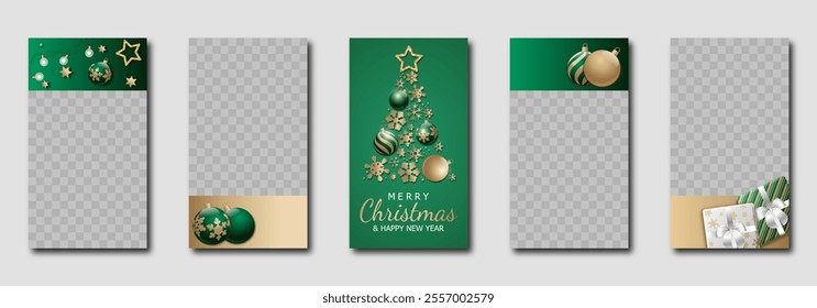 christmas social media templates design, set of backgrounds for sale banner, flyer, greeting card with christmas decorations. modern vector pattern for poster, frame en elegant gold and green tones