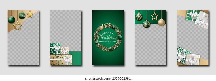 christmas social media templates design, set of backgrounds for sale banner, flyer, greeting card with christmas decorations. modern vector pattern for poster, frame en elegant gold and green tones