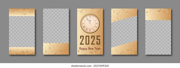 christmas social media templates design, set of backgrounds for sale banner, flyer, greeting card with gradient backdrop and gold confetti. vector pattern for poster, frame en elegant golden tones