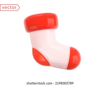 Christmas Sock Abstract Decor. Realistic 3d mocup design element in shiny plastic cartoon style. White and Red colors. Close-up object isolated on white background. 3D Vector illustration