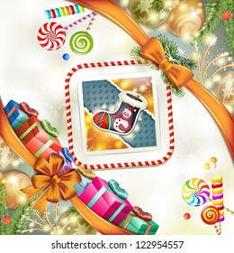 Christmas sock with ball, candy and gift