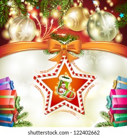 Christmas sock with ball and gift