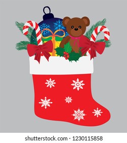 Christmas sock with ball, teddy bear, gift,spruce, mistletoe and candies. Vector illustration.