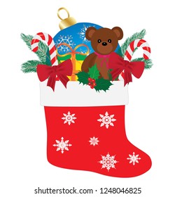 Christmas sock with ball, teddy bear, gift,spruce, mistletoe and candies. Vector illustration.