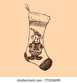 Christmas sock with bear,  hand drawn doodle sketch, isolated vector outline illustration