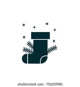 Christmas sock black silhouette. Sock-shaped bag vector object decorated with pine branches. Xmas stocking holder pictogram for web and graphic design projects.