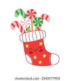 Christmas sock with candies. Colorful illustration in flat vector cartoon style.