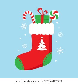 Christmas sock with candies and gifts. Vector illustrator