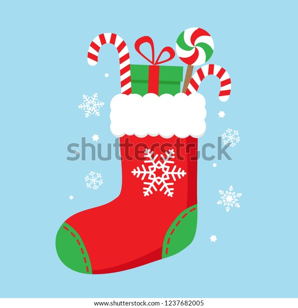 Christmas\
sock with candies and gifts. Vector\
illustrator