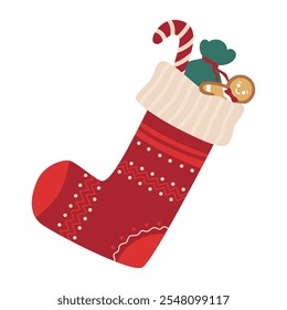 Christmas sock with candies inside, cozy winter holiday decoration, graphic sticker. Vector illustration.