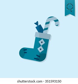Christmas Sock With Candies. Monochrome color. Single Flat Icon . Vector