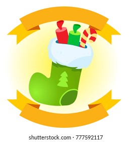 Christmas sock with candies and ribbon banner. Vector illustration isolated on white background for logos, stickers and other items.