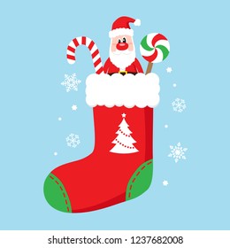 Christmas sock with candies and Santa Claus. Vector illustration