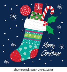 Christmas sock, candy cane illustration for christmas greeting card, gift bag or box design