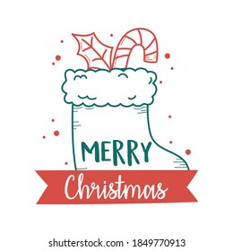 Weihnachtssocke und -kuchen sowie Blattdekoration, Vektorgrafik