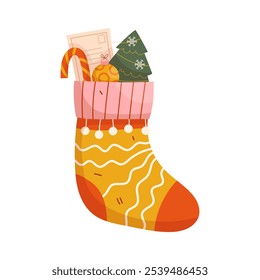 Christmas sock with candy cane, presents on white background