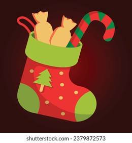 calcetín de Navidad con bastón de caramelo y árbol de Navidad. Ilustración vectorial.