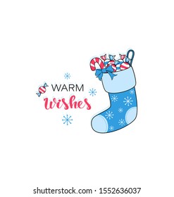 Christmas sock. Candy, gift. Presents. Winter. Warm wishes. Holiday sweets and snowflakes. Decoration icon, postcard, poster. Vector illustration isolated on a white background