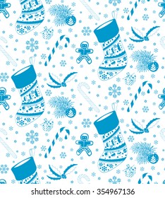 Christmas sock with candy, gingerbread, holly, fir branch, gift, snowflakes and stars. Vector hand drawn Seamless Pattern