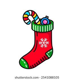 Christmas sock with caramel and christmas ball. Christmas symbols. Flat vector illustration on white background. 