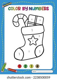 Christmas Sock Cartoon. Christmas coloring page for kids. Activity Book. Christmas color by number for kids. Activity Book.