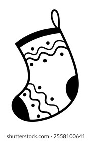 Christmas sock clipart. Black and white Christmas doodle clipart. Cute festive object. Hand drawn vector illustration in flat style