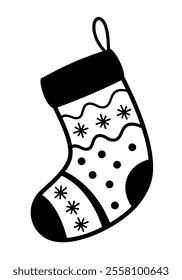 Christmas sock clipart. Black and white Christmas doodle clipart. Cute festive object. Hand drawn vector illustration in flat style