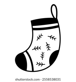 Christmas sock clipart. Black and white Christmas doodle clipart. Cute festive object. Hand drawn vector illustration in flat style