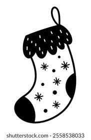 Christmas sock clipart. Black and white Christmas doodle clipart. Cute festive object. Hand drawn vector illustration in flat style